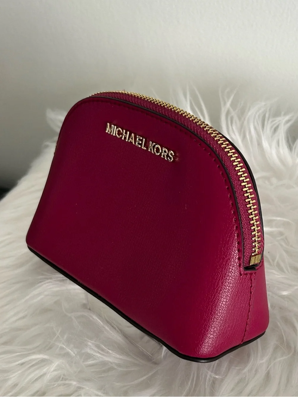 Michael Kors Jet Set Travel Leather Cosmetic Case Makeup Bag Fuchsia Pink Pouch